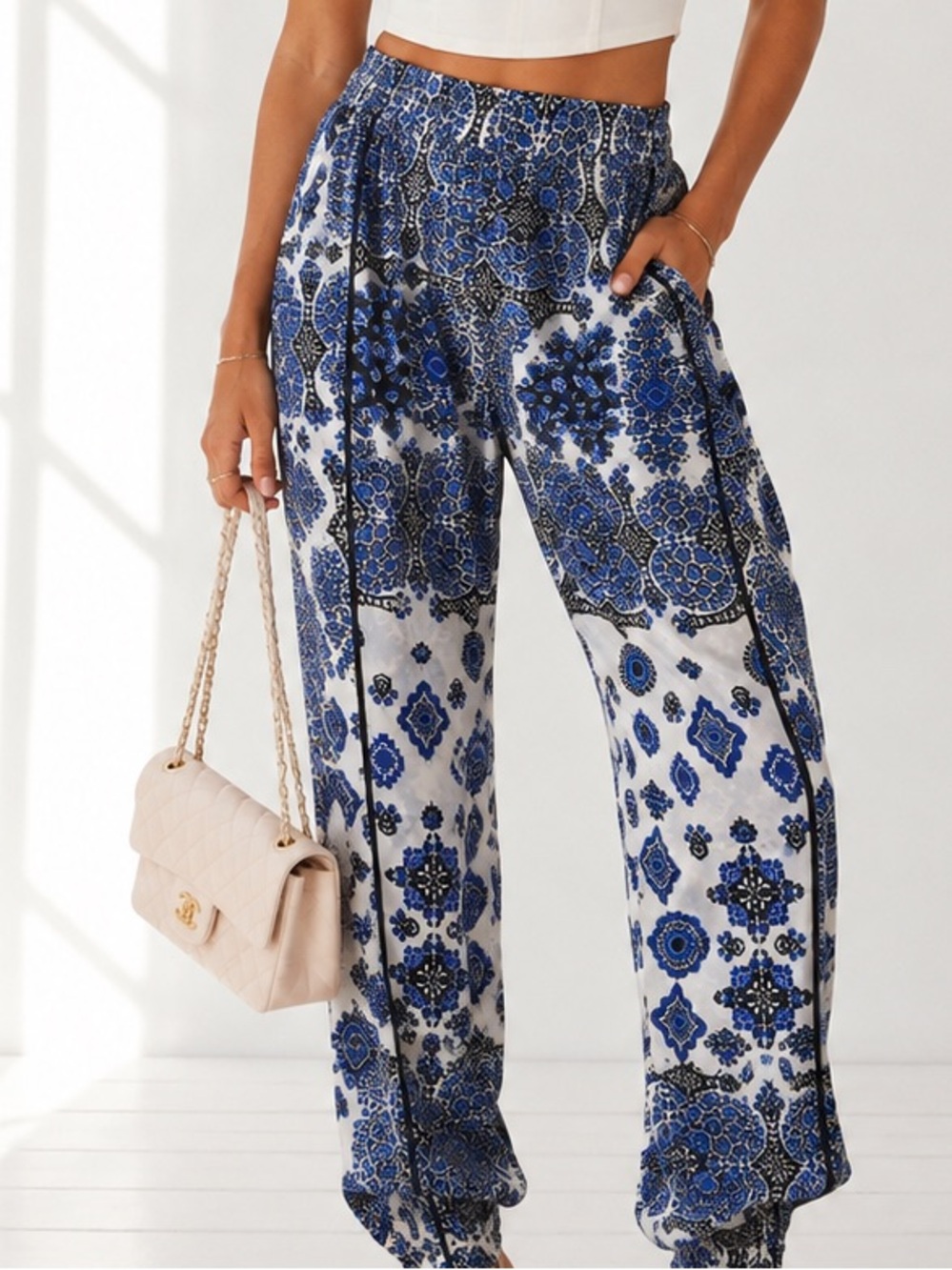 $155 MARABELLE Anthropologie High-Waist Blue & White Printed Straight-Leg Pants